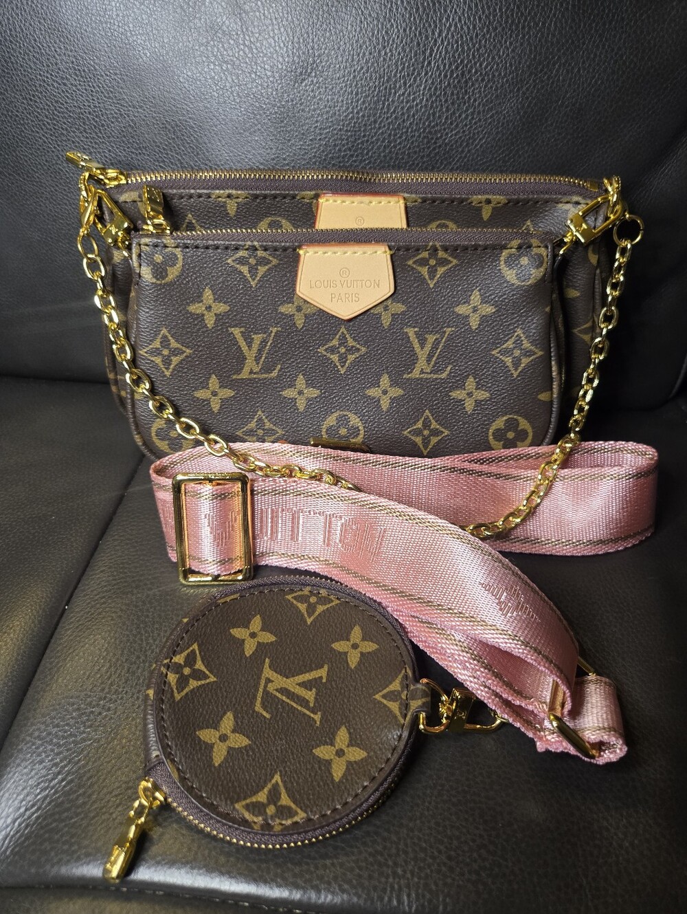 Unbranded Multi Pouch Monogram Bag Trio w/Pink Strap (3pc)